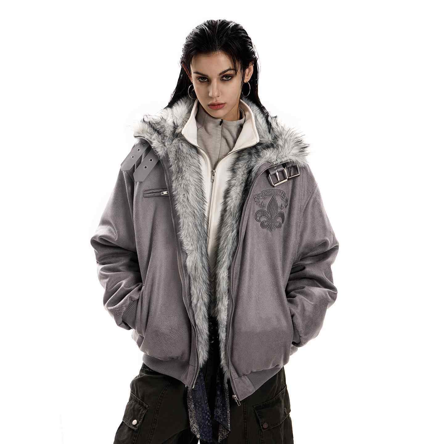 0123start 麂皮座山雕夹克棉服女哥特风加绒加厚立领工装外套冬季