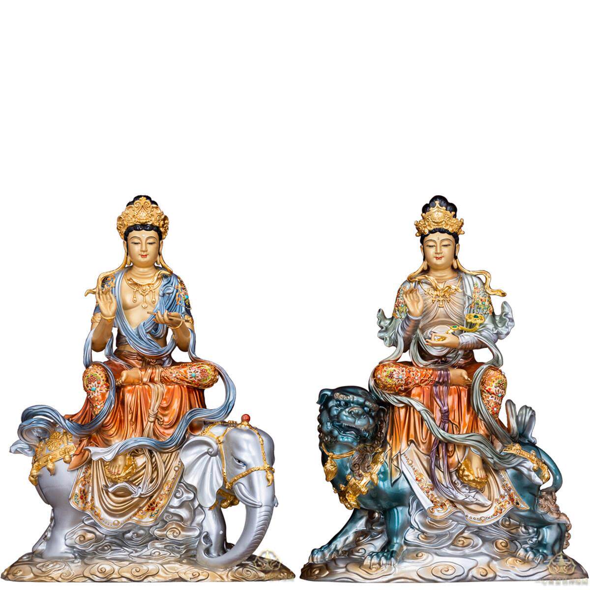 纯铜文殊普贤菩萨佛像彩绘华严三圣左右护法骑狮子骑大象坐骑摆件