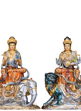 纯铜文殊普贤菩萨佛像彩绘华严三圣左右护法骑狮子骑大象坐骑摆件