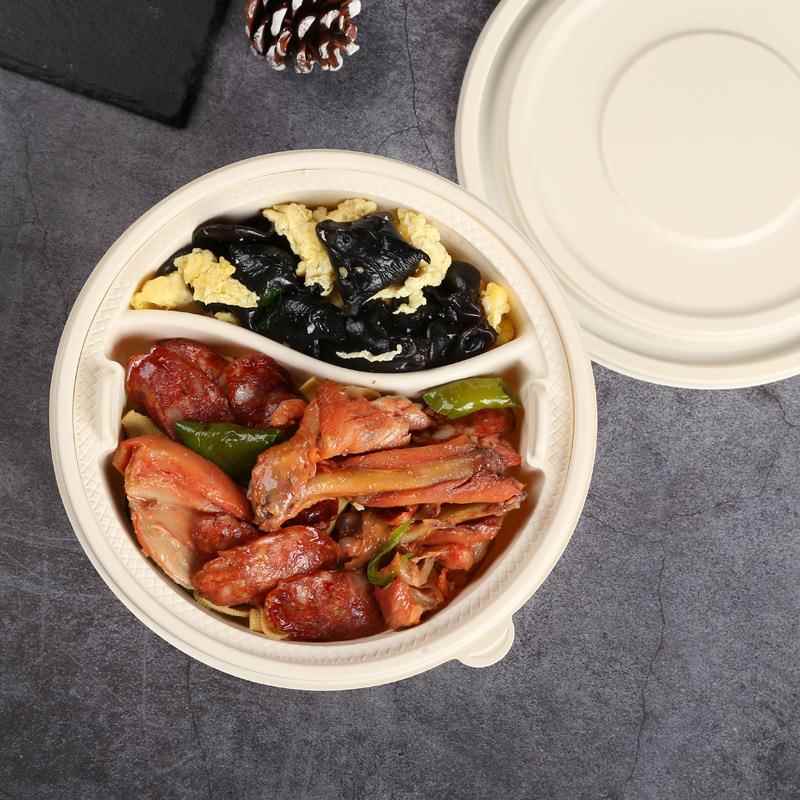 卖S打盒圆外盒餐盒可F76M99HT降解饭菜分离包便当饭盒环保盖浇饭