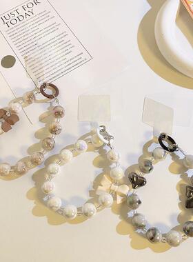 气质大理石爱心蝴蝶结手机链条串珠链条通用相机CCD钥匙扣挂件女