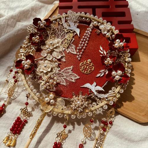 喜扇团扇新娘结婚礼中式秀禾出嫁婚扇diy材料包成品扇子红色