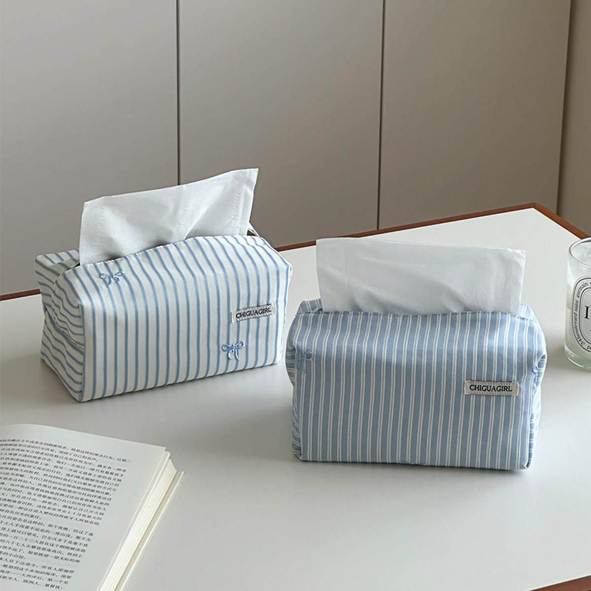 蓝白条纹韩系纸巾盒布料蝴蝶结刺绣高级感卫生纸盒桌面装饰摆饰简,收纳整理,纸巾盒,淘宝优惠券,粉丝福利购,淘宝优惠卷