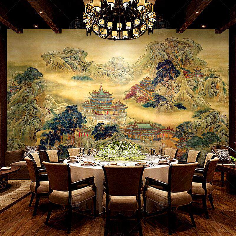 蓬莱仙境图壁纸新中式国画山水画壁纸仙家堂口电视客厅背景墙墙布