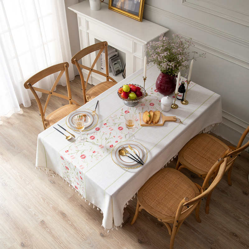 北欧桌布田园小花绣花涤麻餐桌布台布盖巾跨境供应代发