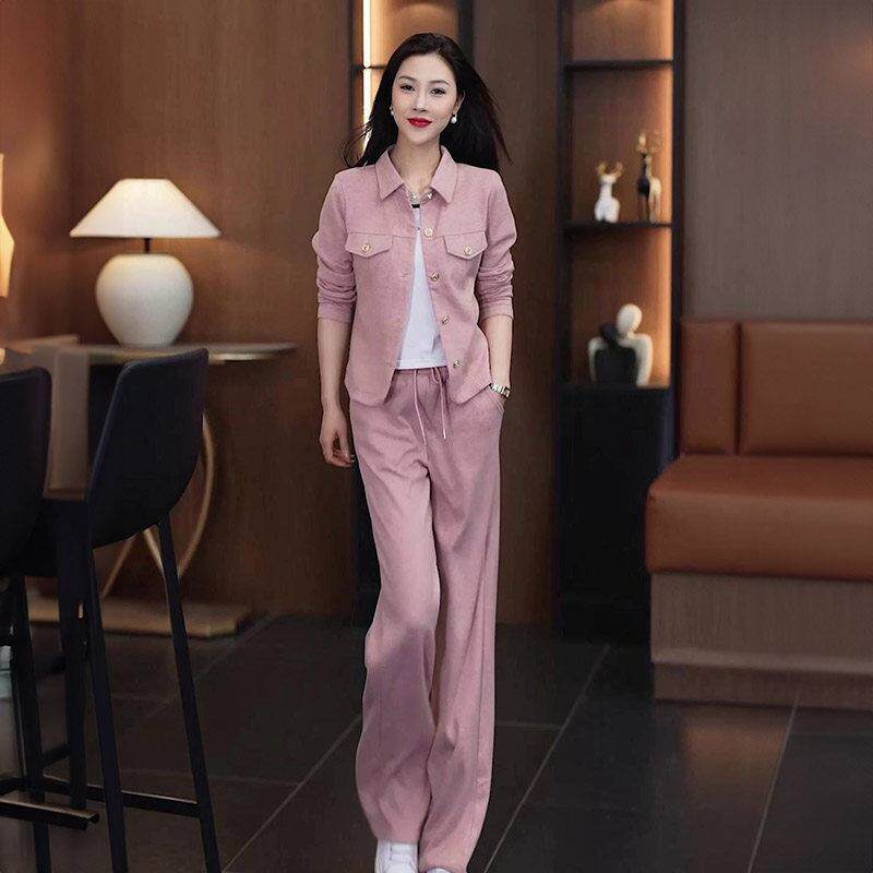 时尚休闲套装女2025年秋季新款宽松洋气开衫上衣阔腿裤运动两件套
