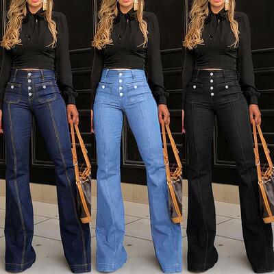 Diane Women Fitted Plain Button Pocket Flare Leg Jeans