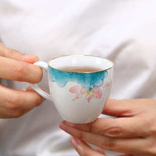 大号甜白瓷品茗杯主人杯创意功夫茶杯陶瓷单杯 带柄手绘描金茶杯