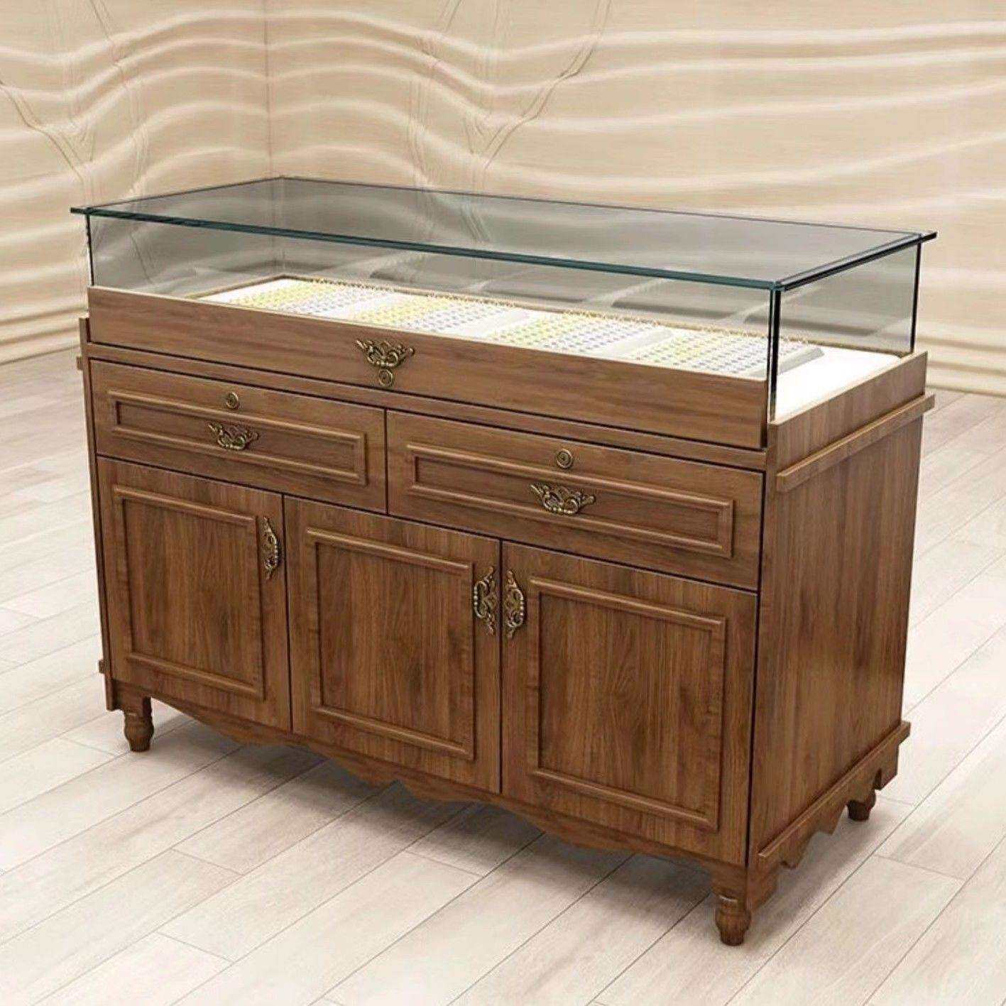 复古实木珠宝展示柜古玩玉器翡翠透明玻璃展柜首饰陈列柜饰品柜台