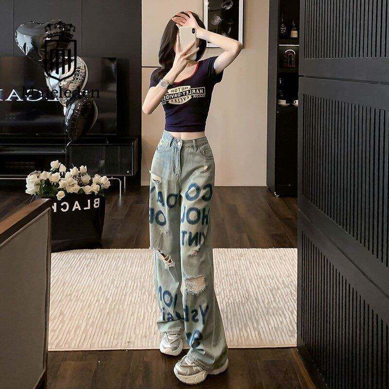 正品2026夏季新款时尚套装修身印花T恤破洞蓝色牛仔裤两件套女装