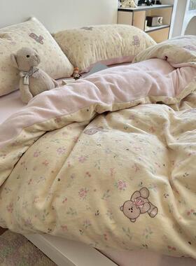 冬天田园碎花小熊牛奶绒被套四件套床上卡通珊瑚绒床笠床单三件套