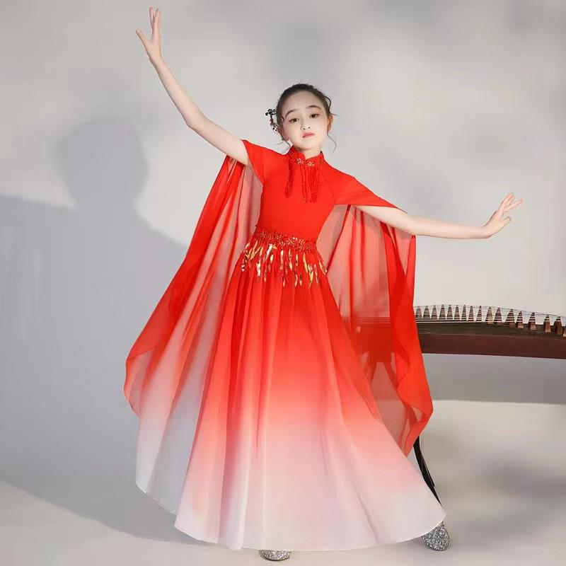 正品高端儿童礼服女童弹古筝民演出服服中国风汉服考礼艺红色乐演图片