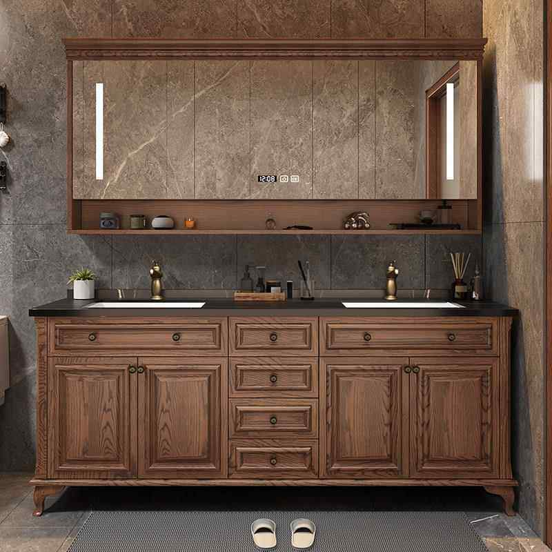 美式红橡木岩板浴室柜组合卫生间实木落地式智能洗手盆洗漱台双盆