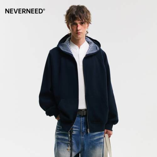 NEVERNEED格子双面穿连帽开衫卫衣男女春季美式cleanfit休闲外套