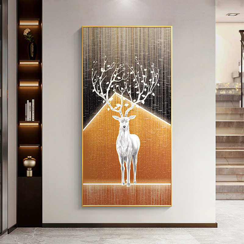 寓意玄关装饰画招财鹿麋鹿抽象创意壁画轻奢高端进门生财正对门画