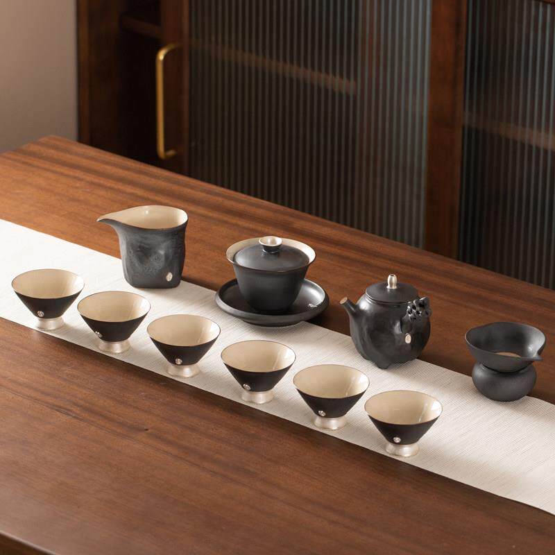 铁锈功夫茶具套组家用陶瓷侧把茶壶手工鎏银斗笠杯子高档轻奢礼盒