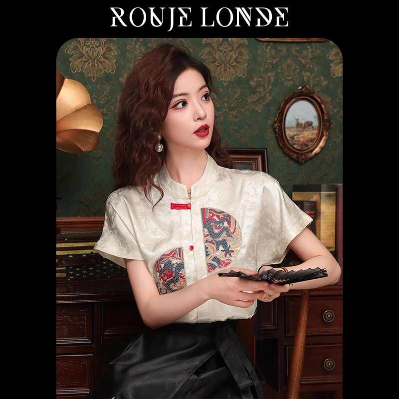ROUJE LONDE新中式刺绣缎面短袖衬衫女春秋国风盘扣立领复古衬衣