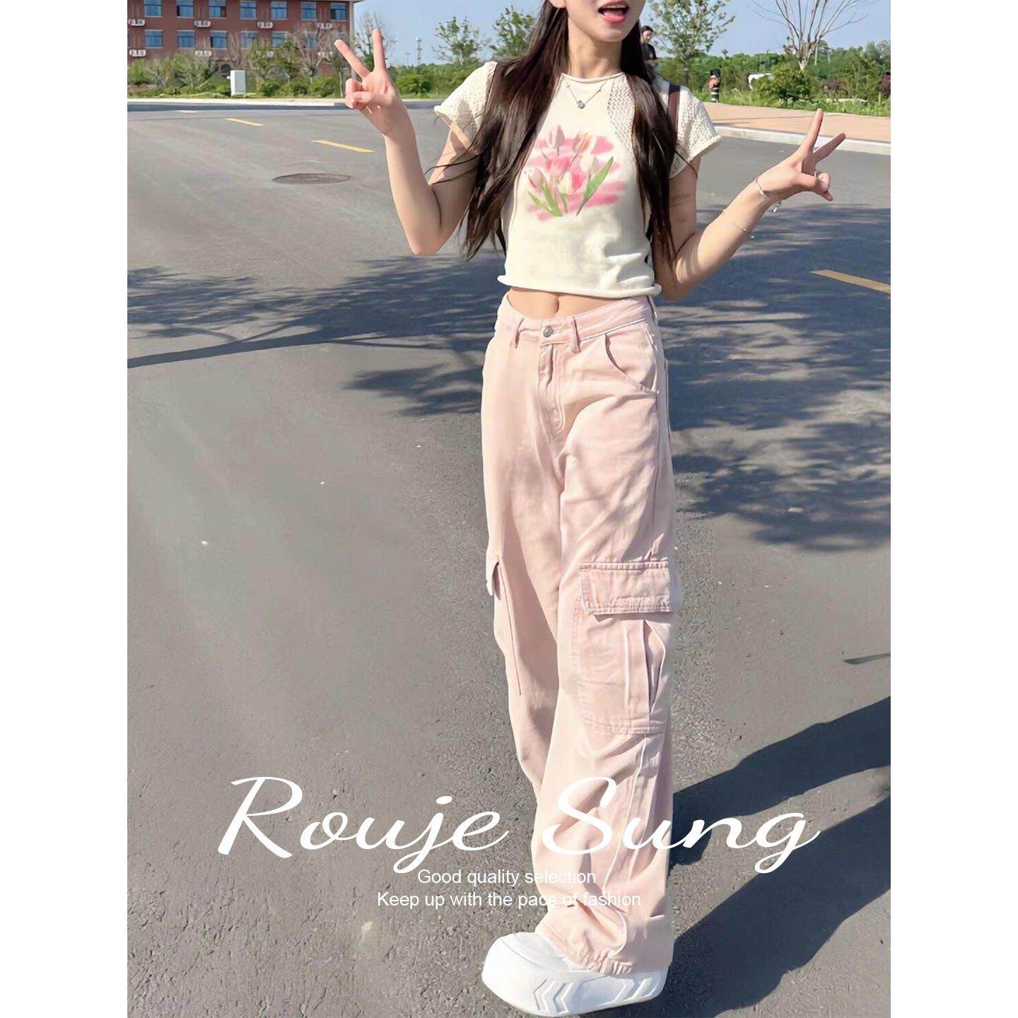 ROUJE SUNG美式复古粉色阔腿工装裤女春夏季高腰宽松显瘦直筒裤子