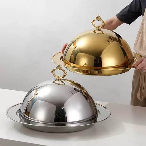 金色菜盖子西餐服务盘高档酒店不锈钢托盘带盖牛排盘传菜盘送餐盘