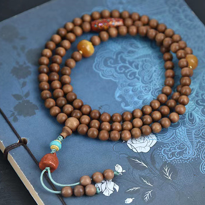 印度老山檀香6mm 108颗设计文玩佛珠手串项链配饰大漆蜜蜡桶珠