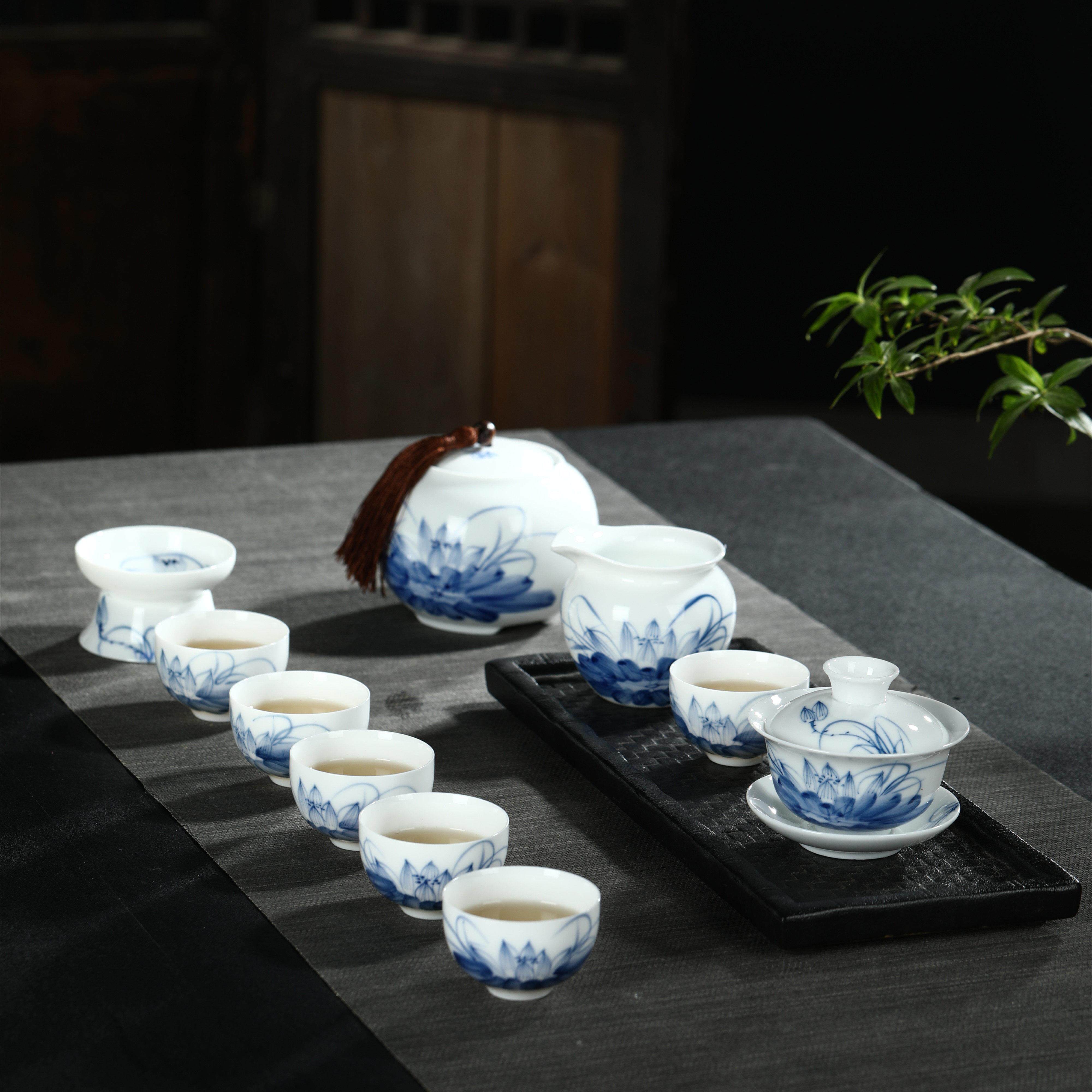 景德镇手绘青花瓷功夫茶具中国骨瓷有盖碗茶杯全套茶具礼盒