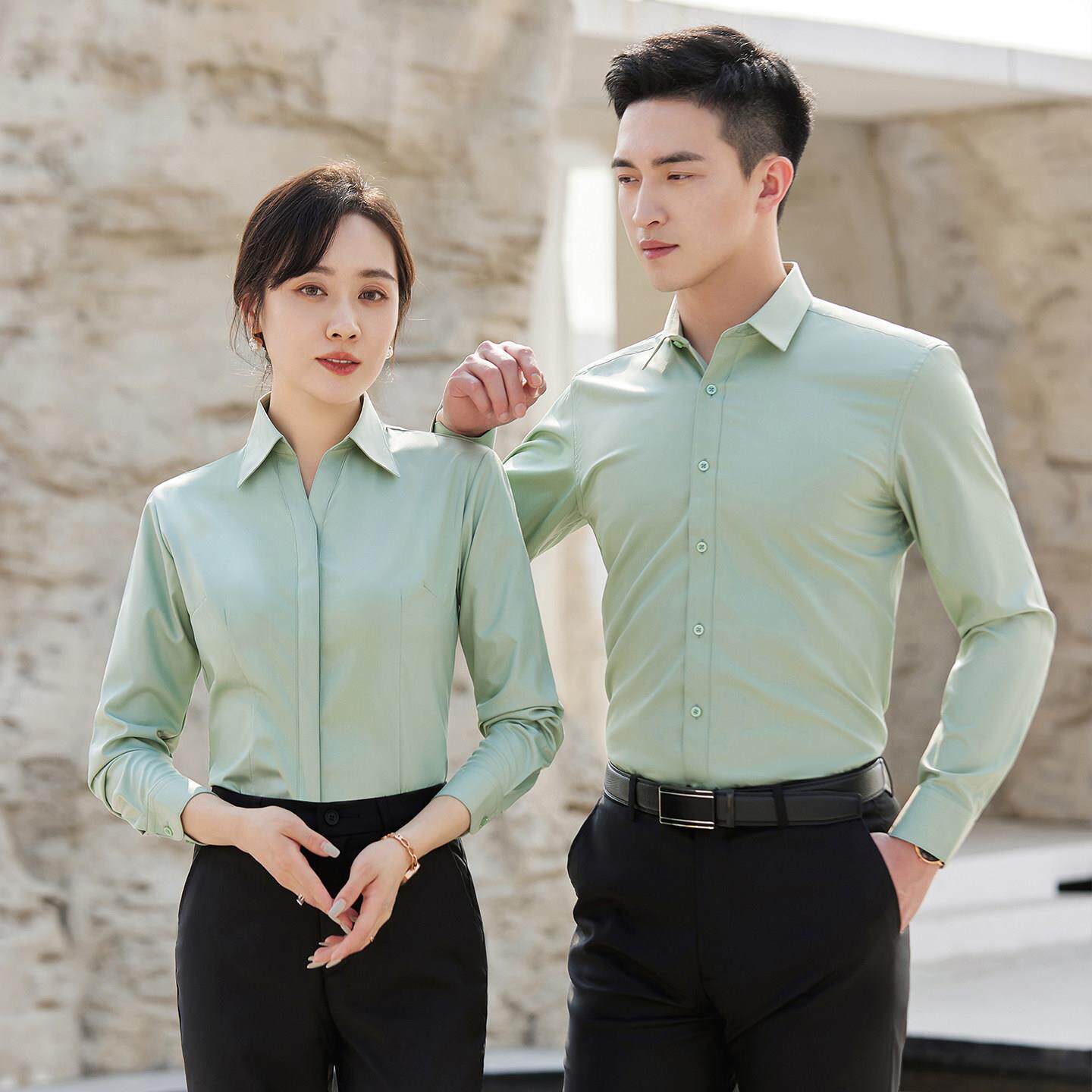 竹纤维V领衬衫男女职业装工作服工装定制印logo刺绣销售工服衬衣