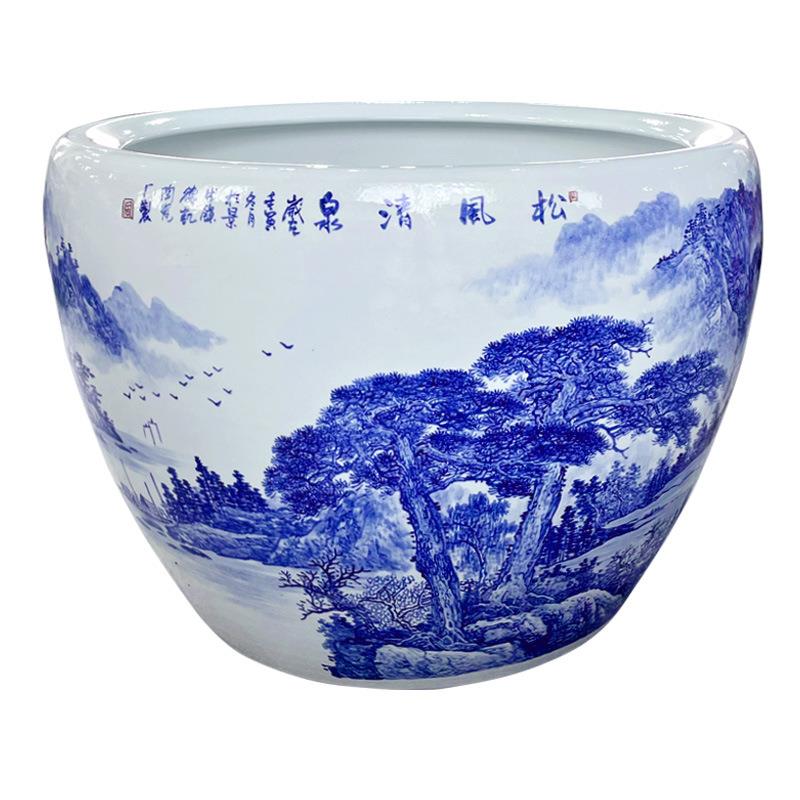 景德镇陶瓷缸工艺品摆件荷花缸陶瓷中式松风清泉山水图缸手工