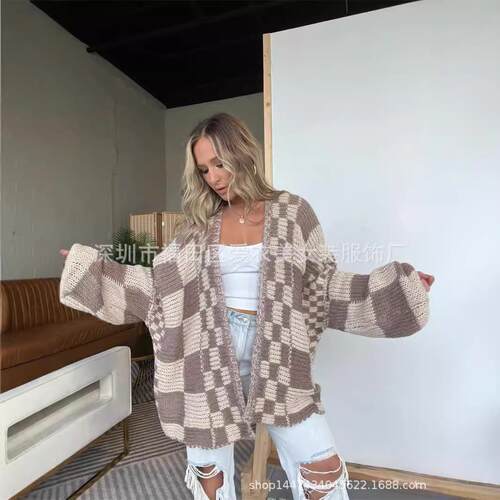 Womens Checkered Sweater Color Block Plaid Cardigans