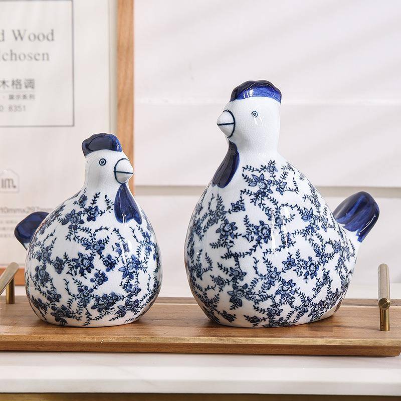 新品青花瓷陶瓷对鸡摆件客厅饰品陶瓷摆件吉祥鸡中式风可爱对鸡