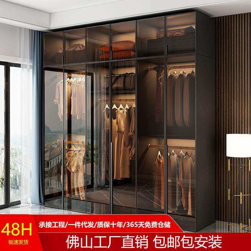轻奢实木玻璃门衣柜卧室家用L型现代转角衣帽间收纳柜子组合衣橱
