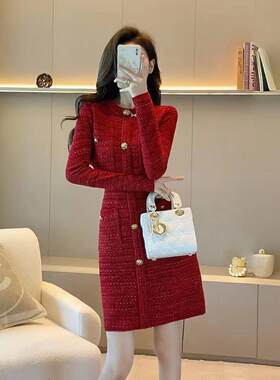 欧洲站新款时尚名媛赴宴约会红色小礼服女气质小香风打底连衣裙女