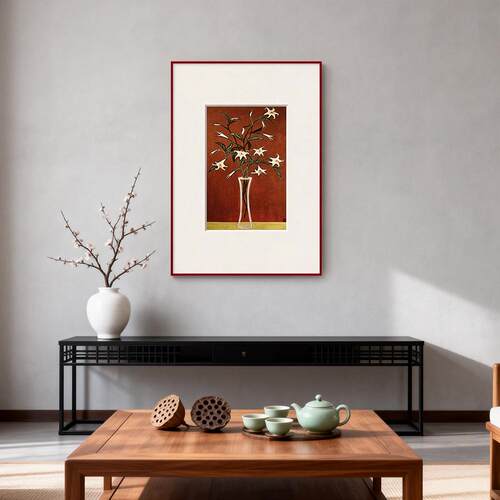 常玉植物花卉红色铝合金外框挂画中古风客厅装饰画艺术餐厅壁画