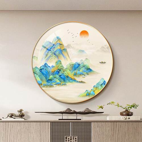 千里江山图圆形入户玄关装饰画 画新中式大气山水画 画东墙走廊尽