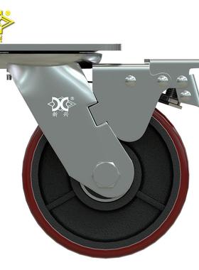 节重型6775寸铸铁PU(聚酯)脚轮仓氨轮可调刹车储笼物流车轮