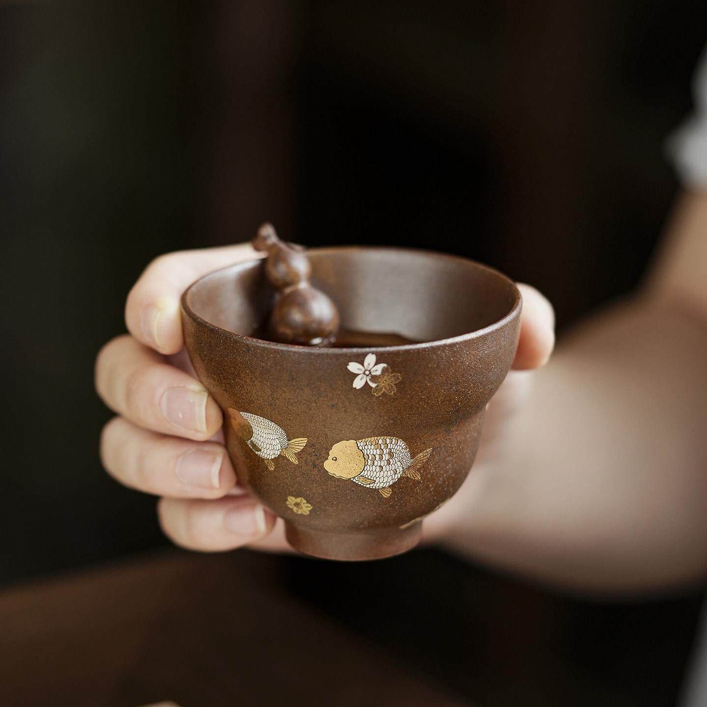 老岩泥花鱼嬉葫芦主人杯粗陶茶杯手工杯子个人专用品茗杯新式茶具