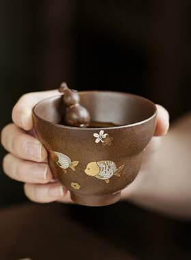老岩泥花鱼嬉葫芦主人杯粗陶茶杯手工杯子个人专用品茗杯新式茶具
