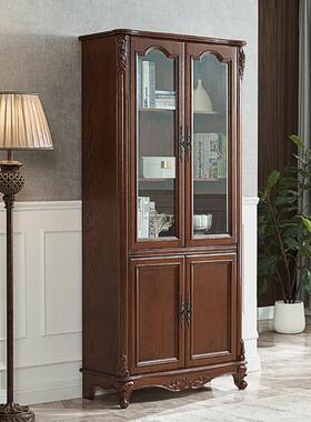 美式全实木柜带玻书DM2202璃储物柜收纳门柜欧式书厅房落地柜客边