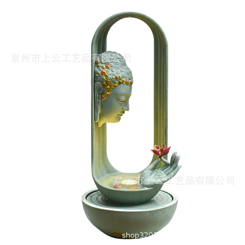 创意中式佛头循环流水摆件禅意喷泉招财客厅办公室桌面装饰工艺品
