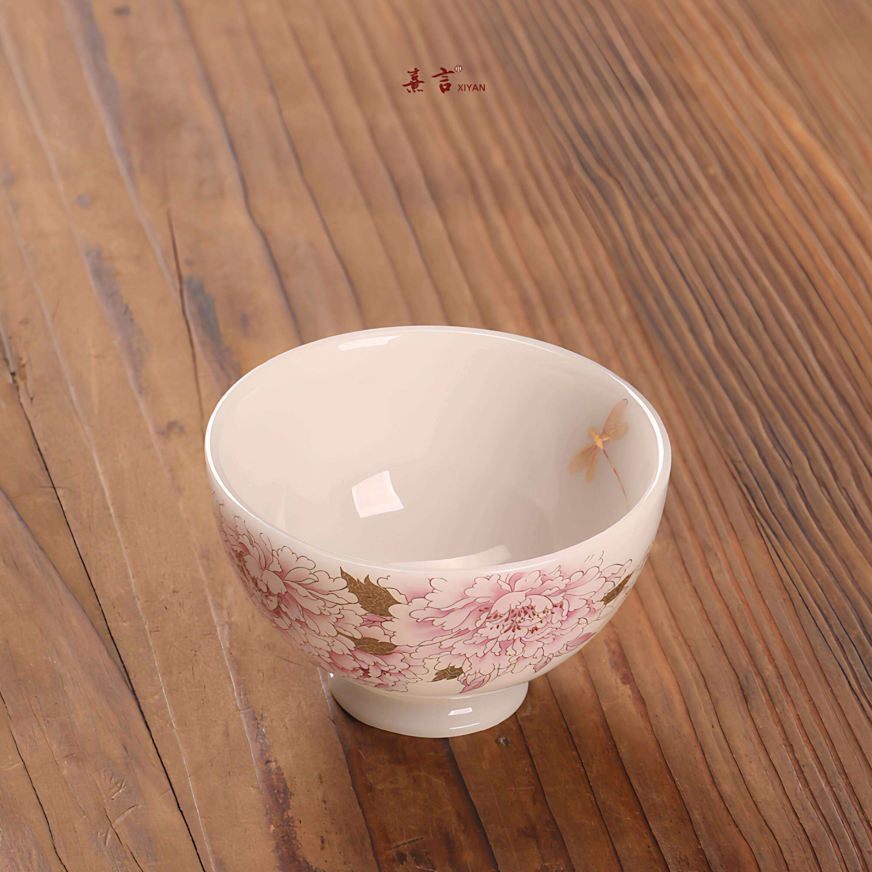 熹言主人杯牡丹杯冰种瓷陶瓷个人专用茗功茶夫国色天色茶白瓷女玉