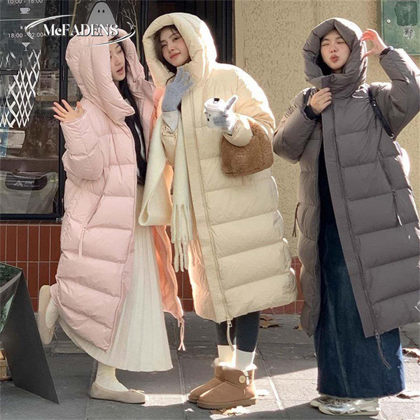 香港新款冬季白鸭绒羽绒服女纯色时尚中长款过膝连帽宽松加厚外套