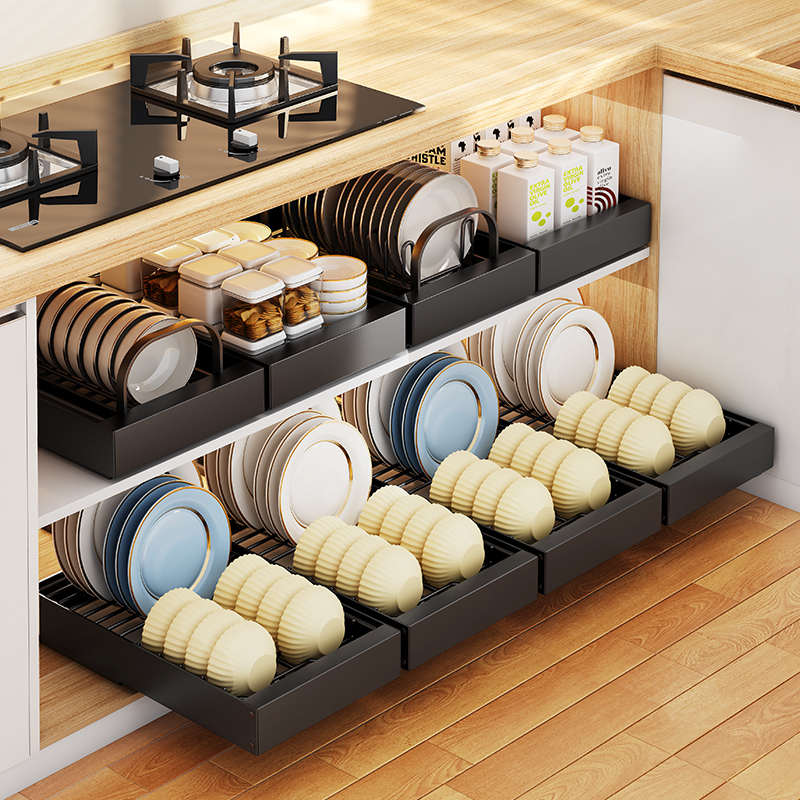 厨房橱柜碗碟收纳架家用抽屉式碗架拉篮沥水架子柜内抽拉式置物架