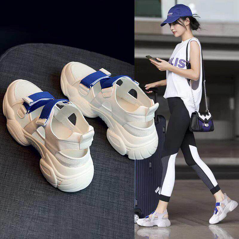 香港真皮包头运动凉鞋女2026夏季新款网面缕空透气松糕厚底老爹鞋