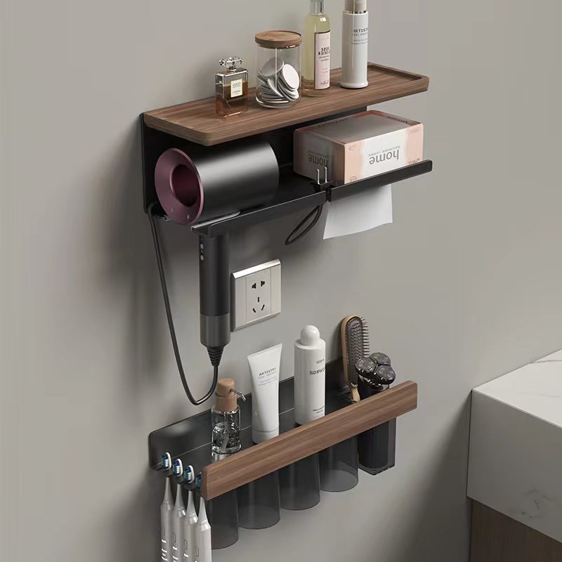 胡桃木卫生间纸巾盒免打孔洗漱台置物架子洗脸巾牙刷电吹风机支架
