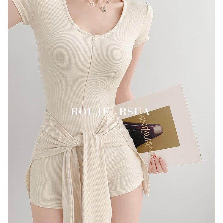 ROUJE RSUA法式好看弹力拉链瑜伽连体衣假两件连体短裤女秋U领