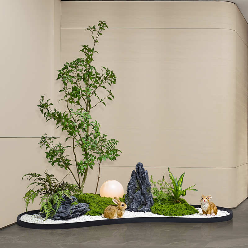 中式室内仿真绿植假山石组合楼梯下景观造景酒店玄关落地装饰摆件