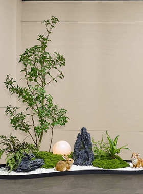 中式室内仿真绿植假山石组合楼梯下景观造景酒店玄关落地装饰摆件