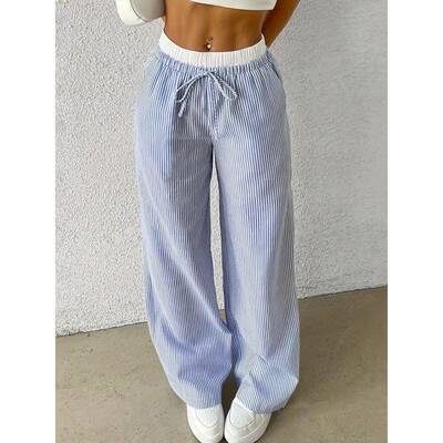 Women Striped Straight Knit Trousers Casual Comfy Daily Wear