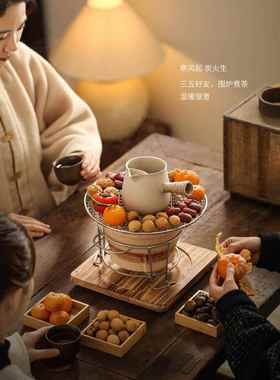 尚言坊围室炉煮茶家用40633室内碳罐炉罐茶白陶煮火茶壶外红泥炭