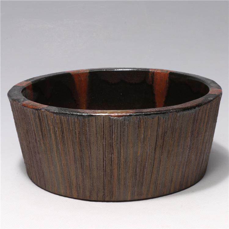 龙砂陶 厂家销售宜兴紫砂粗陶仿木水洗色釉花盆摆件手工制作