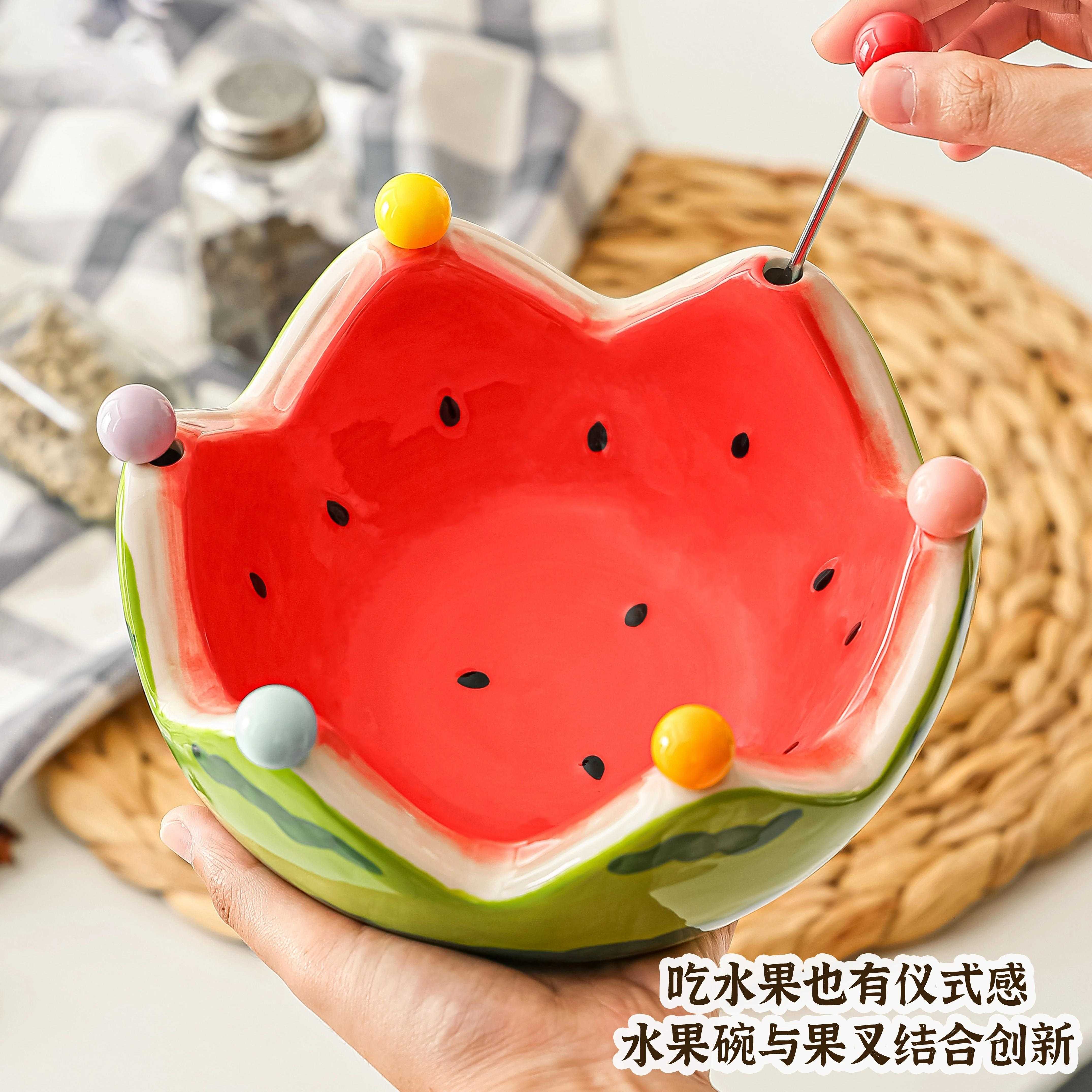 陶瓷创意西瓜水果盘带叉子家用客厅水果沙拉碗可爱不锈钢叉子套装